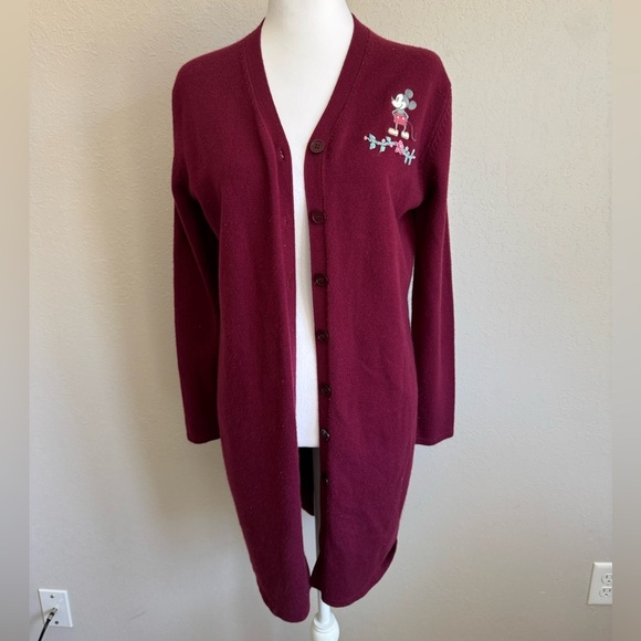 Vintage Disney Store Red Long Line Cardigan Embroidered Mickey Floral Womens M - Picture 1 of 6